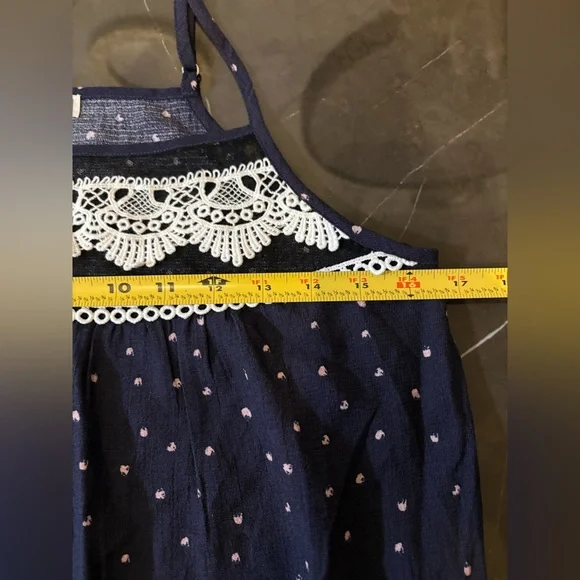 E & M Navy Blue Polka Dot Lace Trim Top Size Small Boho Embroidered Festival - Picture 10 of 12